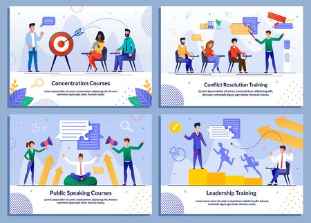 Educational Program. Coaching Businessmen Personal Growth. Company Development Training. Effective Leadership and Management Lectures and Online Courses. Banner Flat Set. Vector Cartoon Illustrationのイラスト素材