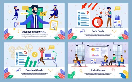 Flat Banner, Inscription Excellent Grade, Cartoon. Set Online Education, Poor Grade, Student Lecture. Girl in Sportswear Enthusiastically Jumps for Joy after Receiving High Test Score.のイラスト素材