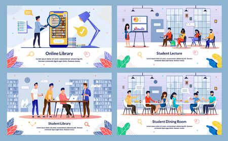 Set Student Lecture, Student Library, Cartoon. Online Library, Student Dining Room. Modern Library Interior With Bookshelves and Laptop. Guys are Standing next to Friend in Library.のイラスト素材