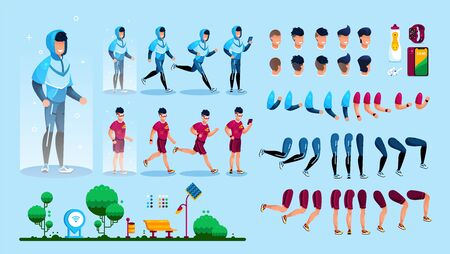 Sportsman in Sportswear Trendy Flat Vector Character Constructor Design Elements Set. Jogging in Park Active Man in Tracksuit, Face Expressions, Body Parts, Mobile Devices for Fitness Illustrationsのイラスト素材