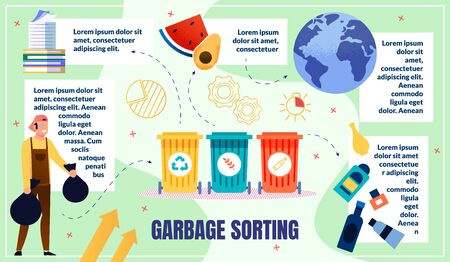 Home Waste Sorting and Recycling, Planet Pollution Reducing Flat Vector Concept, Infographics, Info Scheme Template. Male Worker Carrying Garbage Bags to Containers for Trash Separation Illustrationのイラスト素材