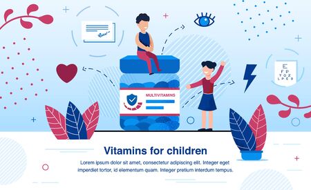 Multivitamins and Minerals for Children Growth, Healthy Heart and Sight Development Trendy Flat Vector Banner, Poster. Happy Preschooler Boy and Girl Playing Together at Jar of Vitamins Illustrationのイラスト素材