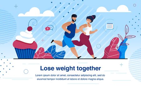 Weight Lose and Family Healthy and Active Lifestyle Trendy Flat Vector Banner, Poster Template with Happy African-American Couple, Wife and Husband Dieting, Jogging Outdoors Together Illustrationのイラスト素材