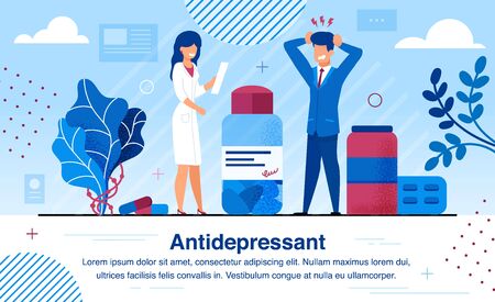 Therapy and Treatment with Antidepressants Pills Trendy Flat Vector Banner, Poster Template. Stressed Businessman Suffering from Depression, Female Doctor Giving Prescription to Patient Illustrationのイラスト素材
