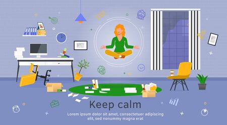 Concentration and Productivity in Office Work Trendy Flat Vector Banner, Poster Template. Businesswoman, Female Employee Flying in Lotus Pose Over Scattered Documents, Messy Workplace Illustrationのイラスト素材