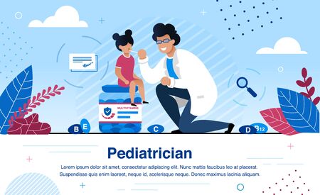 Professional Pediatrician Service, Healthy Nutrition for Children Trendy Flat Vector Ad Banner, Promo Poster Template. Doctor Examining Childs Throat, Recommending Multivitamins for Kid Illustrationのイラスト素材