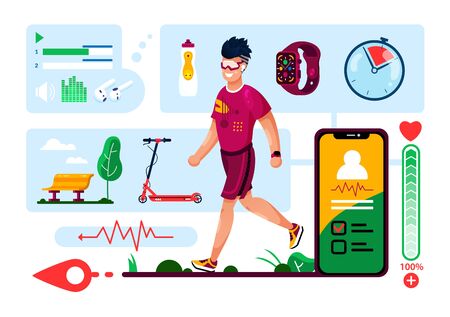 Modern Digital Gadgets, Accessories for Fitness Trendy Flat Vector Set. Young Man in Shorts and T-Shorts, Fitness App on Smartphone Screen, Wireless Earphones, Smart Watches, Scooter Illustrationsのイラスト素材