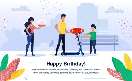 Child Happy Birthday Celebration Trendy Flat Vector Banner, Poster Template. Parents Greeting Preschooler Kid with Birthday, Father Giving Scooter to Son, Mother Holding Holiday Cake Illustrationのイラスト素材