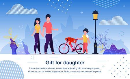 Happy Family Entertainment and Leisure, Child Birthday Celebration Trendy Flat Vector Banner, Poster. Parents Giving Bicycle to Preschooler Daughter, Mather and Mother Making Surprise Illustrationのイラスト素材