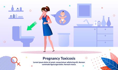Pregnancy Toxicosis, Morning Sickness Symptoms Trendy Flat Vector Banner, Poster Template. Pregnant Woman Feeling Unhealthy, Wants To Vomit, Lady Worrying About Unintended Pregnancy Illustrationのイラスト素材