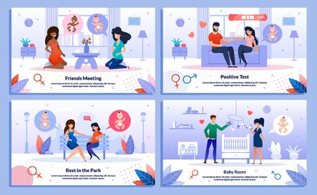 Active Pregnancy, Pregnant Woman Family and Friends Relationships Trendy Flat Vector Banner, Poster Set. Woman Meeting with Friend, Decorating Baby Room,Telling Husband About Pregnancy Illustrationのイラスト素材