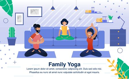 Family Yoga Exercises Trendy Flat Vector Banner, Poster Template. Happy Parents with Child, Father and Mother Sitting in Lotus Pose, Practicing Eastern Spiritual Practices with Daughter Illustrationのイラスト素材