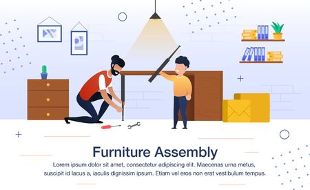 Furniture Assembly, Father Housework, Happy Fatherhood Trendy Flat Vector Banner, Poster Template. Smiling Man Assembling Desk or Table with Son, Working on Weekend DIY Hobby Project Illustrationのイラスト素材