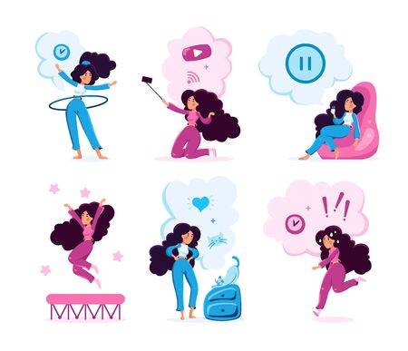 Modern Woman Life Situations Trendy Flat Vector Characters Set. Young Lady Doing Exercises, Streaming Video Online, Resting on Coffee Break, Playing with Pet, Hurry in Business Isolated Illustrationのイラスト素材