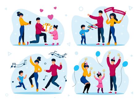 Family Holidays Celebration Trendy Flat Vector Concepts Set. Parents Celebrating Daughters Birthday, Giving Birthday Gift to Child, Listening Music and Happy Dancing Together Isolated Illustrationsのイラスト素材