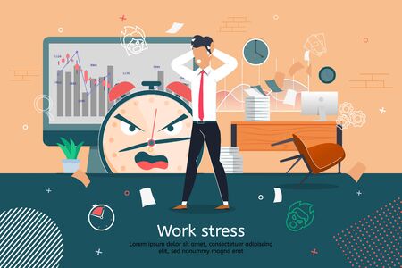 Stress on Business Work Trendy Flat Vector Banner, Poster Template. Worried Businessman, Company Employee, Male Office Worker Feeling Stress Because Deadline Failure, Paperwork Mistakes Illustrationのイラスト素材