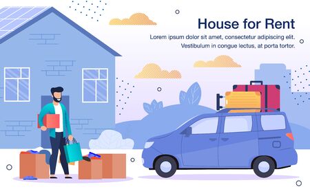 Real Estate Company or Agency Renting Service Trendy Flat Vector Advertising Banner, Promo Poster Template. Man Transporting, Carrying Cardboard Boxes Filled Home Stuff to Rental House Illustrationのイラスト素材