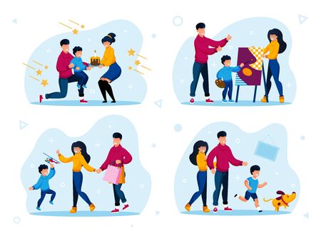 Happy Family Traditions and Relationships Trendy Flat Vector Concepts Set. Parents with Child Celebrating Birthday Holiday, Drawing Painting, Shopping on Sale, Playing with Dog Isolated Illustrationsのイラスト素材