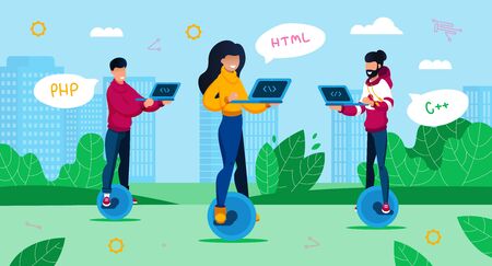 Digital Era Professions, Geek Culture Trendy Flat Vector Concept. Female and Male Programmers, IT...
