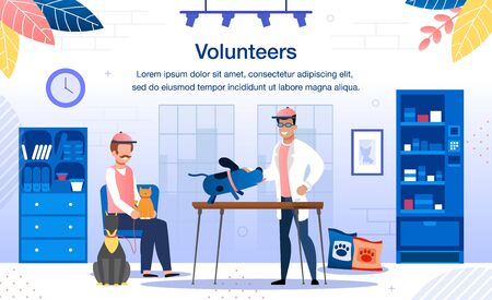 Volunteering for Stray Animals Rescue Trendy Flat Vector Banner, Poster Template. Male Volunteer, Man Helping Animals, Taking Homeless Dogs and Cats to Appointment in Veterinary Clinic Illustrationの素材 [FY310138442011]