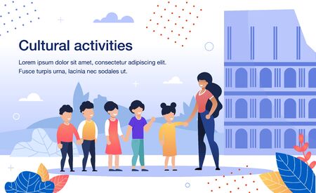Cultural Activities for Schoolchildren Trendy Flat Vector Banner, Poster Template. Female Teacher, Excursion Guide Showing Historical, Architectural Attraction, Ancient Building for Kids Illustrationのイラスト素材