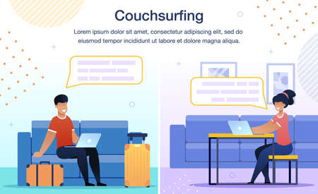 Online Service Trendy Flat Vector Ad Banner, Promo Poster Template. Traveling Man, Male Tourist Surfing in Internet, Searching Place to Stay, Messaging to Network Member Illustrationのイラスト素材