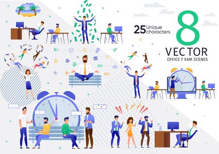 Business Team Office Work Processes, Businesspeople Communication Trendy Flat Vector Scenes Set. Employees Working in Office, Communication on Coffee Break, Arguing with Lazy Colleague Illustrationsのイラスト素材