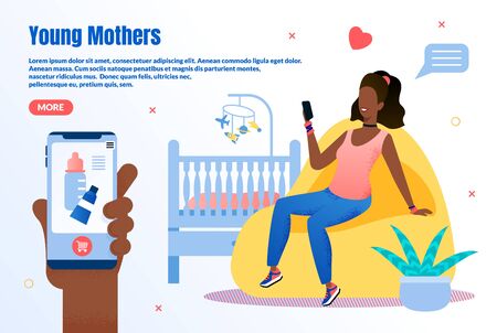 Online Store for Young Mothers Trendy Flat Vector Web Banner, Landing Page. African-American Woman, Mother with Cellphone, Searching, Purchasing Cosmetics Products, Accessories for Baby Illustrationのイラスト素材