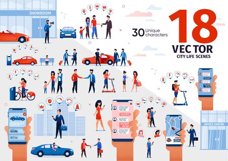 City Life Scenes, Urban Transport, Automobile Purchasing and Owning, Online Messaging with Cellphone Trendy Flat Vector Set. People Buying Car, Riding Scooter, Chatting in Messenger Illustrationsのイラスト素材