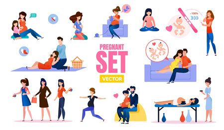 Pregnant Woman Character in Various Situation, Happy and Active Pregnancy Scenes Trendy Flat Vector Set Isolated on White Background. Woman Waiting Childbirth, Preparing for Maternity Illustrationのイラスト素材