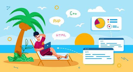 Distant Work in IT Industry Trendy Flat Vector Concept. Freelance Programmer, Software Developer Working on Beach, Using Laptop While Resting in Tropical Country, Relaxing at Seacoast Illustrationのイラスト素材