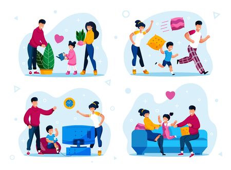 Happy Family Home Leisure and Relax Trendy Flat Vector Concepts Set. Parents with Children Fooling Around, Playing Video Games, Watering Plants at Home, Resting Together on Sofa Isolated Illustrationsのイラスト素材
