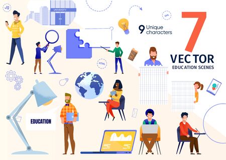 University Students Learning Trendy Flat Vector Scenes Set. Multinational Students Listening Lecture, Working on Laptop, Writing Test, Searching Information Online, Using Cellphone Illustrationsのイラスト素材