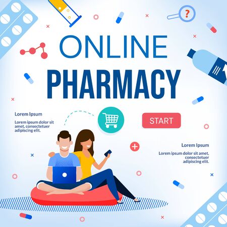 Online Pharmacy Drugstore Medical Care E-Commerce Webpage. Happy People Family Couple Using Laptop and Mobile Application Health Care Service. Buy, Pay, Delivery Order Pills, Vitamin via Internetのイラスト素材