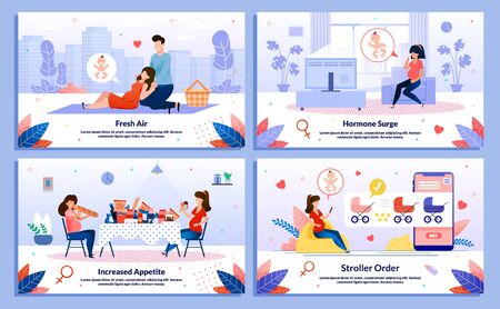 Pregnant Woman Shopping for Baby, Eating Disorder, Hormonal Changes, Trendy Flat Vector Banner, Poster Set. Lady Going on Picnic, Feels Sweaty, Eating Unhealthy Food, Buying Pram for Baby Illustrationのイラスト素材