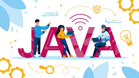 Special Programming Language and Computing Platform Advertisement. People Programmer Freelancer Using Javascript Working on Laptop. Vector Illustration with Capital Letter and Tiny Young Man and Womanのイラスト素材