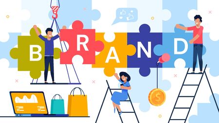 Businesspeople Team Coworking Assemble Puzzle Piece to Make Word Brand. Branding Technology and Strategy Solution for Trademark Development. Research Work and Investment Accounting Vector Illustrationのイラスト素材