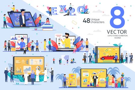 E-Commerce Project Presentation on Exhibition Trendy Flat Vector Scenes Set. Business Company Foreign Investors, Online Startup Team, Company Employees, Clients and Customers Characters Illustrationsのイラスト素材