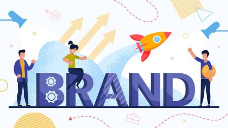 Businesspeople and Brand Startup Launch Poster. Tiny People, Capital Letter, Rocket Taking Off, Growth Arrow, Spotlight Design. Team Use Branding Technology. Partner Invest Money. Vector Illustrationのイラスト素材