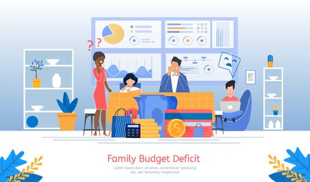 Family Budget Deficit, Financial Problems, Unemployment or Income Loosing, Loan Payment Past Due Banner, Poster. Parents with Children Worried Because Lack of Money Trendy Flat Vector Illustrationのイラスト素材