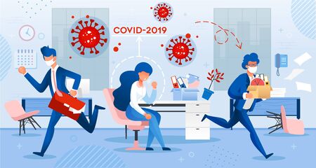 Coronavirus Spread around People. Sick Woman Employee Coming to Work. Covid19 Virus Infection Transmission via Cough. Coworker in Facial Mask Run Away in Panic. Health Preservation Personal Hygieneのイラスト素材
