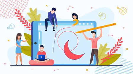 Designer Team Engaged in Brand Logotype Creation. Workflow Process. Tiny People, Huge Digital Tablet with Trademark Mockup in Graphic Editor Program. Awareness Identity Building. Vector Illustrationのイラスト素材