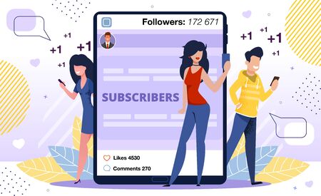 Content Viewer Positive Feedback, Subscribers Reaction and Appreciation Concept. Blogger Followers Man, Women Characters Reading Post Online, Liking and Sharing Content Trendy Flat Vector Illustrationのイラスト素材
