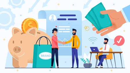 Brand Development by Means of Money Investment and Trust Partnership. Agreement and Dealership. Business Partner Handshaking, Executive Manager Make Note on Laptop. Huge Human Hand with Cashのイラスト素材