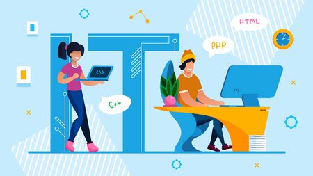It Specialist Team. Technical Service and Support Advertisement. Man and Woman Programmer, Designer, System Administrator Brainstorming, Coding, Computing HTML Language. Vector Illustrationのイラスト素材