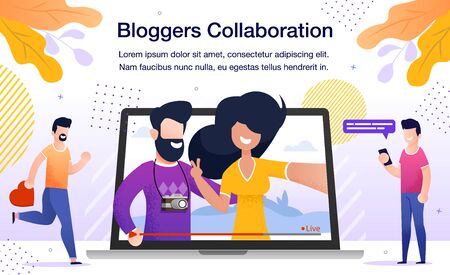 Travel or Lifestyle Bloggers Collaboration Banner or Poster. Man and Woman Streaming Live Video from Touristic Journey, Subscribers Watching Broadcast in Internet Trendy Flat Vector Illustrationのイラスト素材