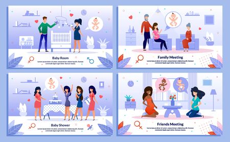 Baby Shower, Pregnant Woman Relationships, Family Support, Trendy Flat Vector Banner, Poster Set. Lady Decorating Baby Room, Meets with Relatives, Having Fun on Party, Talking with Friend Illustrationのイラスト素材