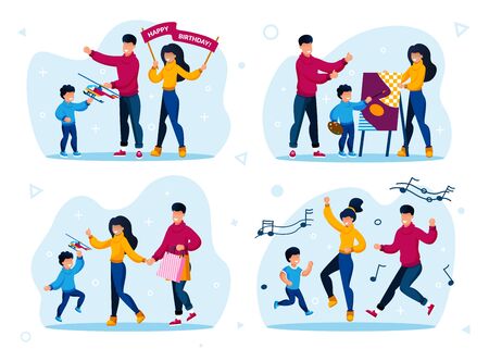 Parents with Children Active Life Trendy Flat Vector Concepts Set. Parents with Children Giving Son Toy on Birthday Party, Learning to Draw, Shopping on Sale, Dancing Together Isolated Illustrationsのイラスト素材