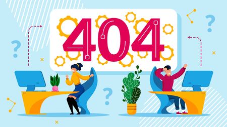System Software Network Error in Commerce Office. Huge Number 404 on Monitor. Crazy Upset Puzzled People Worker Sitting at Table Working on Computer Finding Alert Signal. Vector Illustrationのイラスト素材