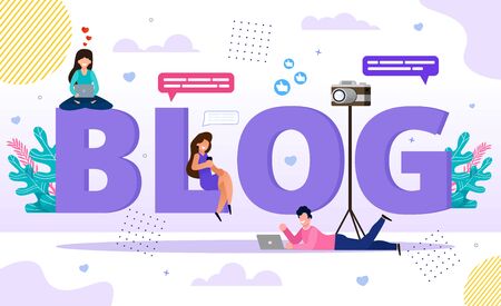 Blog Word Letters with Happy Tiny People Bloggers and Followers Using Smartphone and Laptop for Browsing, Video and Post Content Creation. Online Business E-Commerce and Communication Technologyのイラスト素材
